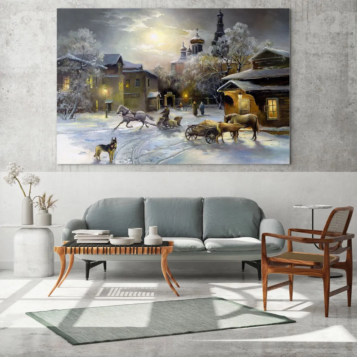 Quadro su vetro - Paesaggio urbano invernale illuminato dalla luce della luna - 100x70cm - La magia dell'inverno russo - Decorazione murale moderna per soggiorno e camera da letto ARTTOR