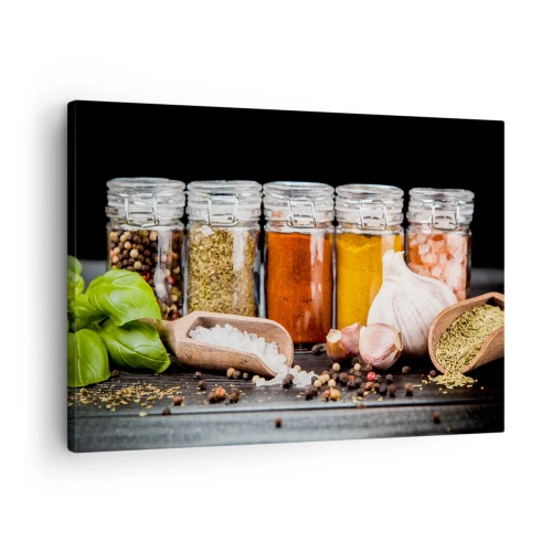 Quadro su tela - Stampe su Tela - Erbe e spezie in barattoli di vetro su sfondo scuro - 70x50cm - Perché la vita abbia sapore - Decorazione murale moderna per soggiorno e camera da letto ARTTOR