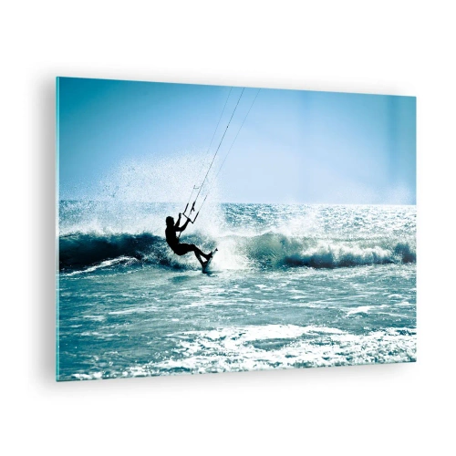Quadro su vetro - Kitesurfer sulle onde dell'oceano in una giornata di sole - 70x50cm - Fatti sollevare - Decorazione murale moderna per soggiorno e camera da letto ARTTOR