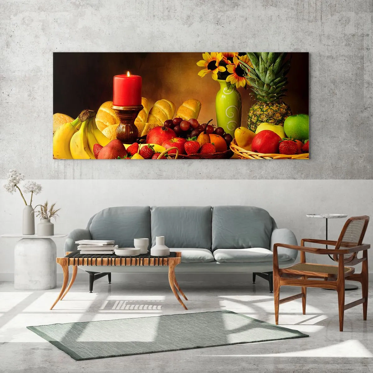 Quadro su vetro - Natura morta con frutta, pane, candela e fiori - 120x50cm - Natura morta con pane e frutta - Decorazione murale moderna per soggiorno e camera da letto ARTTOR