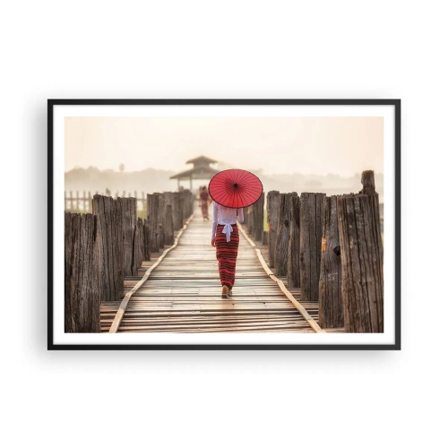 Poster in cornice nera - Una donna con un ombrello rosso su un ponte di legno - 100x70cm - Sul vecchio ponte - Decorazione murale moderna per soggiorno e camera da letto ARTTOR