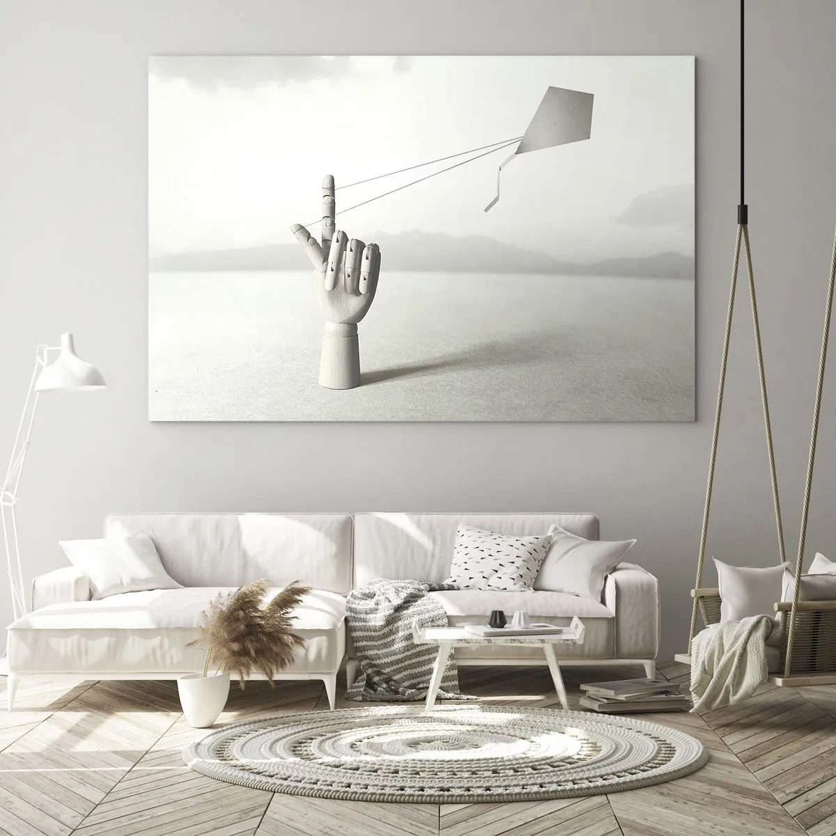 Quadro su vetro - Una mano di legno che tiene un aquilone galleggiante sul suo dito - 70x50cm - Prova di forza - Decorazione murale moderna per soggiorno e camera da letto ARTTOR