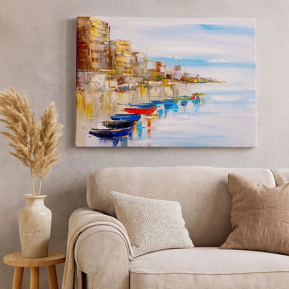 Quadro su tela - Stampe su Tela - Barche colorate sulla riva con vista sullo skyline della città - 70x50cm - Molo cittadino multicolore - Decorazione murale moderna per soggiorno e camera da letto ARTTOR