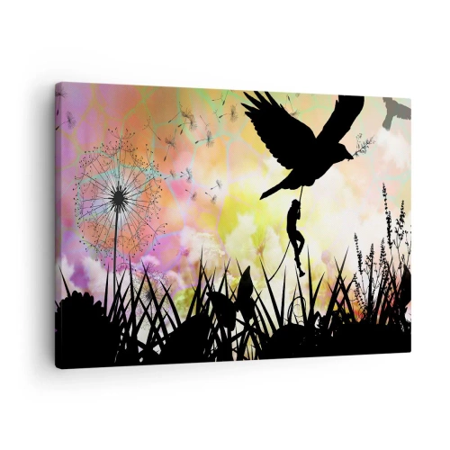 Quadro su tela - Stampe su Tela - Silhouette della natura con un uccello e un dente di leone - 70x50cm - Nell'atmosfera delle favole - Decorazione murale moderna per soggiorno e camera da letto ARTTOR