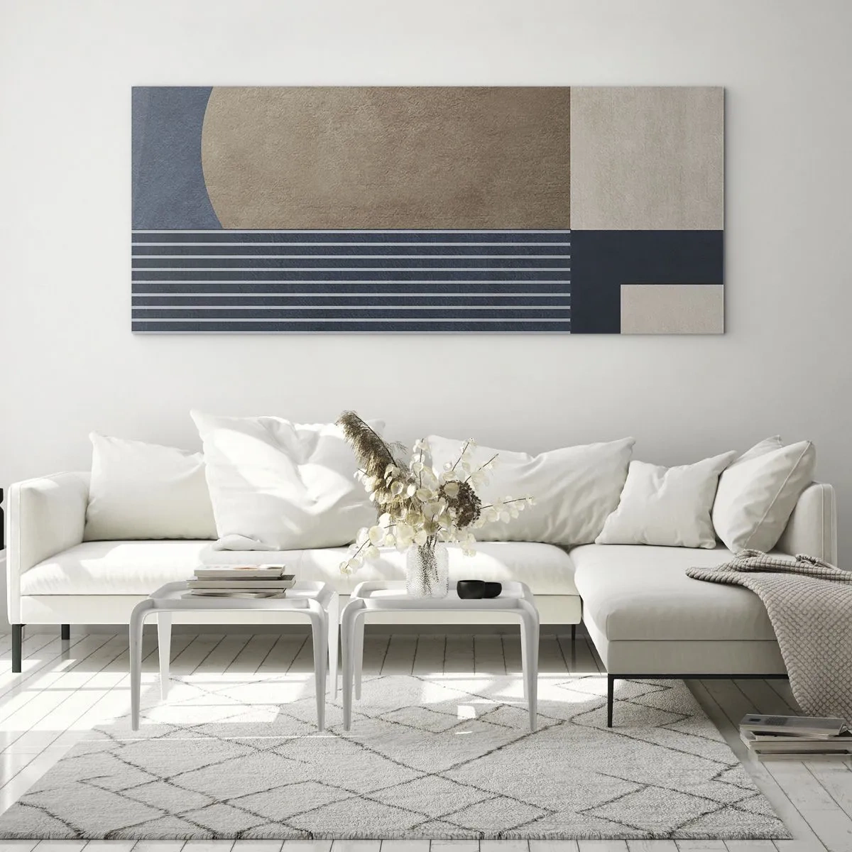 Quadro su vetro - Figure geometriche nei toni del beige e del blu navy con linee - 120x50cm - Composizione di semplicità e rotondità - Decorazione murale moderna per soggiorno e camera da letto ARTTOR