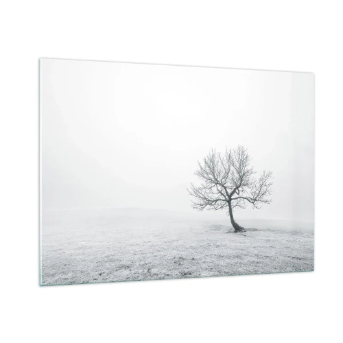 Quadro su vetro - Un albero solitario contro la nebbia in una composizione monocromatica - 100x70cm - Contro il nulla - Decorazione murale moderna per soggiorno e camera da letto ARTTOR