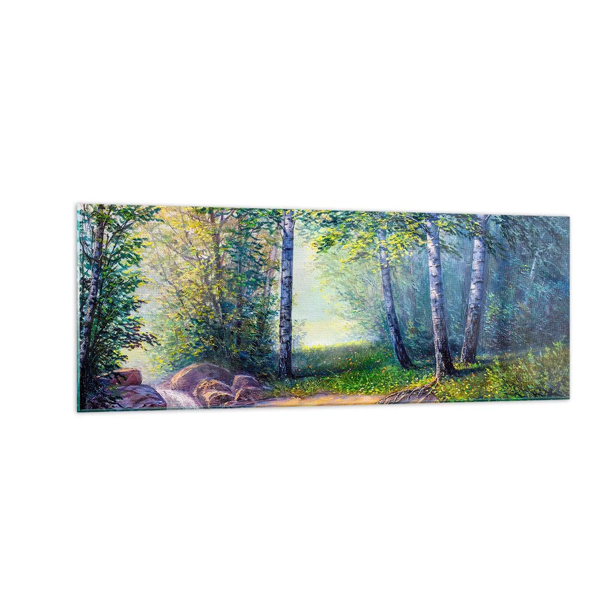 Quadro su vetro - Un ruscello nella foresta circondato da betulle e sole - 140x50cm - Scena di beatitudine - Decorazione murale moderna per soggiorno e camera da letto ARTTOR
