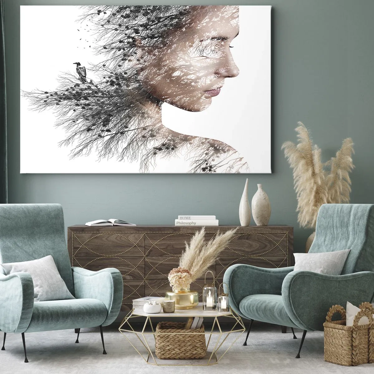 Quadro su tela - Stampe su Tela - Silhouette di una donna con un motivo di ramo e uccello sullo sfondo - 100x70cm - Lo spirito della foresta - Decorazione murale moderna per soggiorno e camera da letto ARTTOR