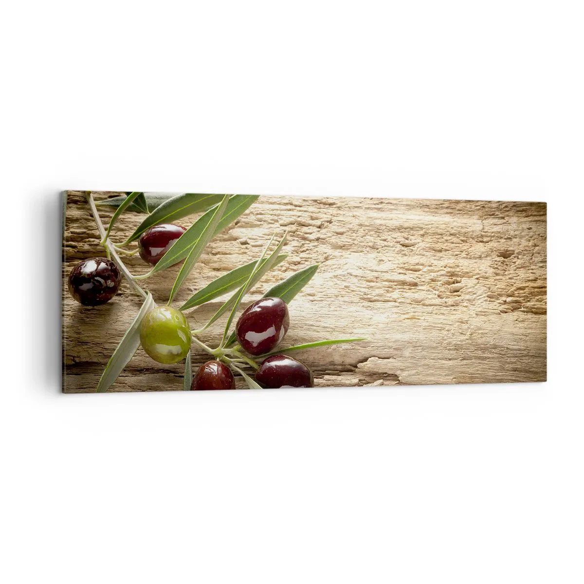 Quadro su tela - Stampe su Tela - Ramo d'ulivo con frutta su uno sfondo di legno invecchiato - 140x50cm - Direttamente dalla natura - Decorazione murale moderna per soggiorno e camera da letto ARTTOR