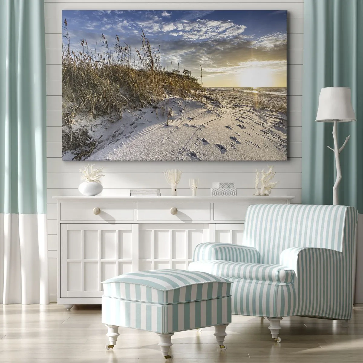 Quadro su tela - Stampe su Tela - Dune con erba e impronte nella sabbia al tramonto - 70x50cm - Invito a passeggiare - Decorazione murale moderna per soggiorno e camera da letto ARTTOR