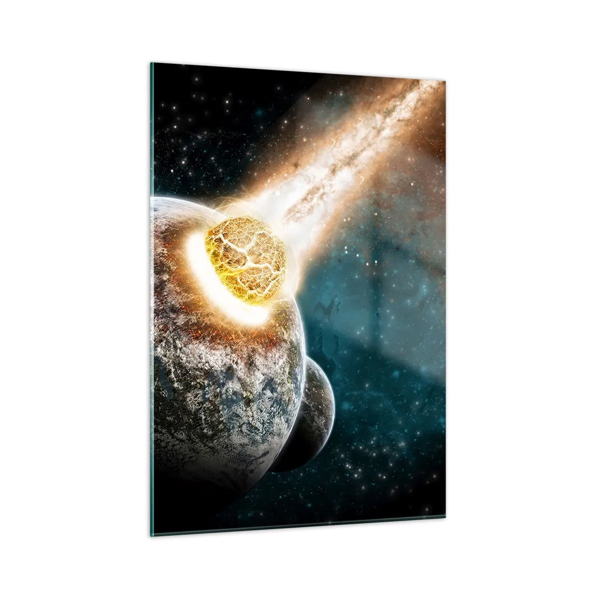 Quadro su vetro - Un pianeta in collisione con un meteorite - 50x70cm - Estinzione o nascita? - Decorazione murale moderna per soggiorno e camera da letto ARTTOR