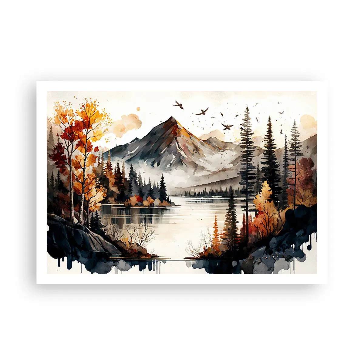 Poster - Paesaggio montano autunnale con lago e alberi in acquerello - 100x70cm - L'autunno dorato sui monti - Decorazione murale moderna per soggiorno e camera da letto ARTTOR