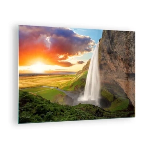 Quadro su vetro - Cascata islandese sotto i raggi del sole al tramonto - 70x50cm - Nel mezzo dell'estate islandese - Decorazione murale moderna per soggiorno e camera da letto ARTTOR