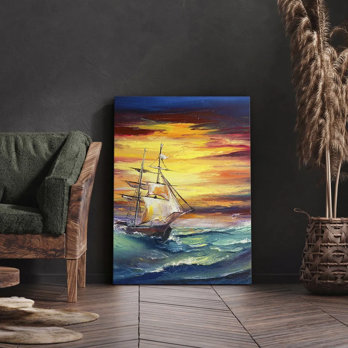 Quadro su tela - Stampe su Tela - Una nave a vela sullo sfondo di un tramonto colorato - 50x70cm - Temerari sulle onde - Decorazione murale moderna per soggiorno e camera da letto ARTTOR