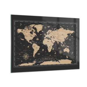Quadro su vetro - Mappa del mondo stilizzata nei toni del beige e del nero - 70x50cm - I confini del mio mondo - Decorazione murale moderna per soggiorno e camera da letto ARTTOR