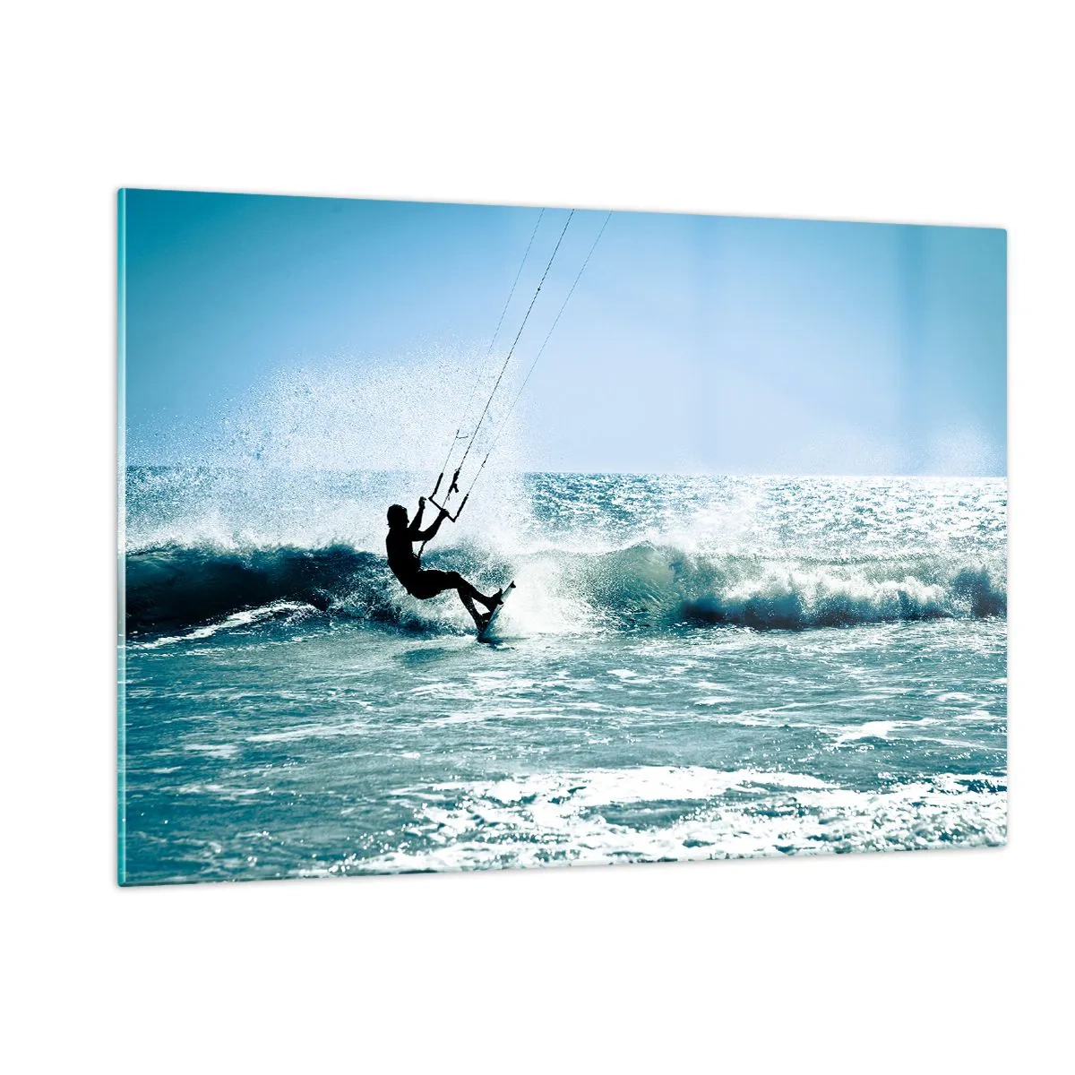 Quadro su vetro - Kitesurfer sulle onde dell'oceano in una giornata di sole - 120x80cm - Fatti sollevare - Decorazione murale moderna per soggiorno e camera da letto ARTTOR