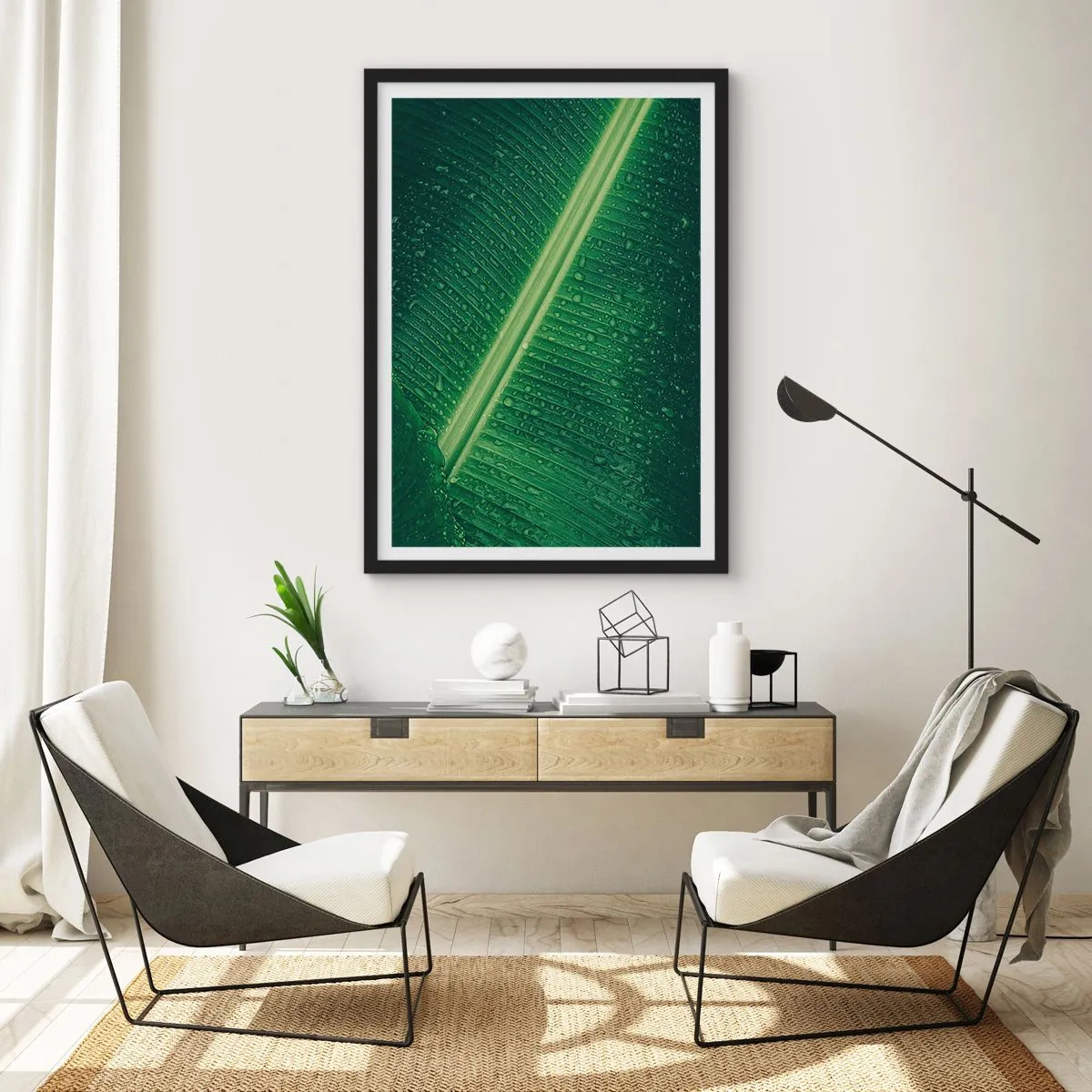 Poster in cornice nera - Primo piano di una foglia verde con gocce d'acqua - 50x70cm - La struttura del verde - Decorazione murale moderna per soggiorno e camera da letto ARTTOR