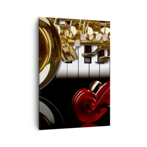 Quadro su tela - Stampe su Tela - Un sassofono dorato, tasti di pianoforte e un violino rosso - 50x70cm - Metallo, legno e avorio - Decorazione murale moderna per soggiorno e camera da letto ARTTOR
