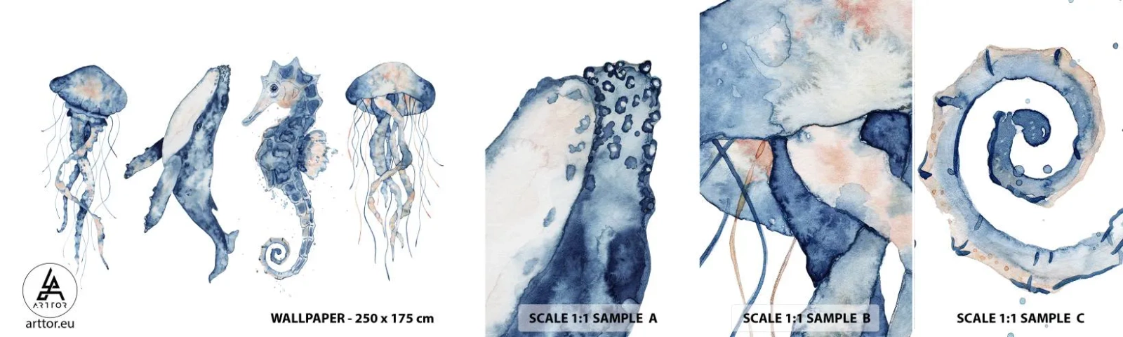 Campione Di Fotomurale Standard Eco - Meraviglie del mare - Animali marini, Cavalluccio marino, Medusa - 100x30 cm