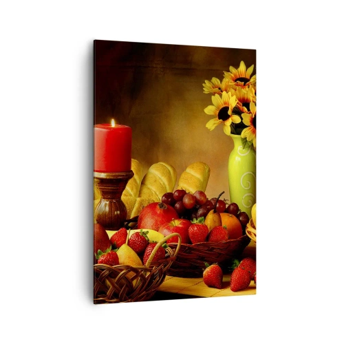Quadro su tela - Stampe su Tela - Natura morta con frutta, pane, candela e fiori - 70x100cm - Natura morta con pane e frutta - Decorazione murale moderna per soggiorno e camera da letto ARTTOR