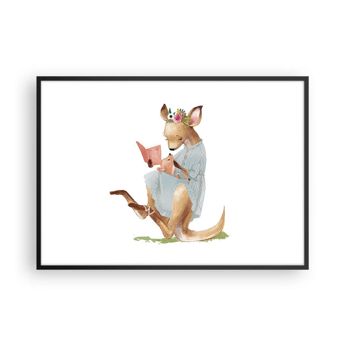 Poster in cornice nera - Kanga legge un libro con un bambino - 100x70cm - Mamma, leggimi - Decorazione murale moderna per soggiorno e camera da letto ARTTOR