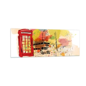 Quadro su vetro - Tema di Londra con autobus rosso e cabina - 140x50cm - La città della varietà - Decorazione murale moderna per soggiorno e camera da letto ARTTOR