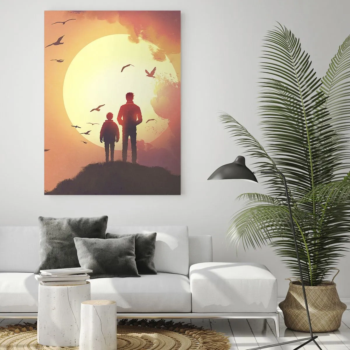 Quadro su vetro - Figure sullo sfondo del sole al tramonto - 70x100cm - Faccia a faccia con il sole - Decorazione murale moderna per soggiorno e camera da letto ARTTOR