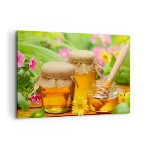 Quadro su tela - Stampe su Tela - Vasetti di miele con fiori sullo sfondo di un giardino estivo - 120x80cm - Dolce miele di fiori - Decorazione murale moderna per soggiorno e camera da letto ARTTOR