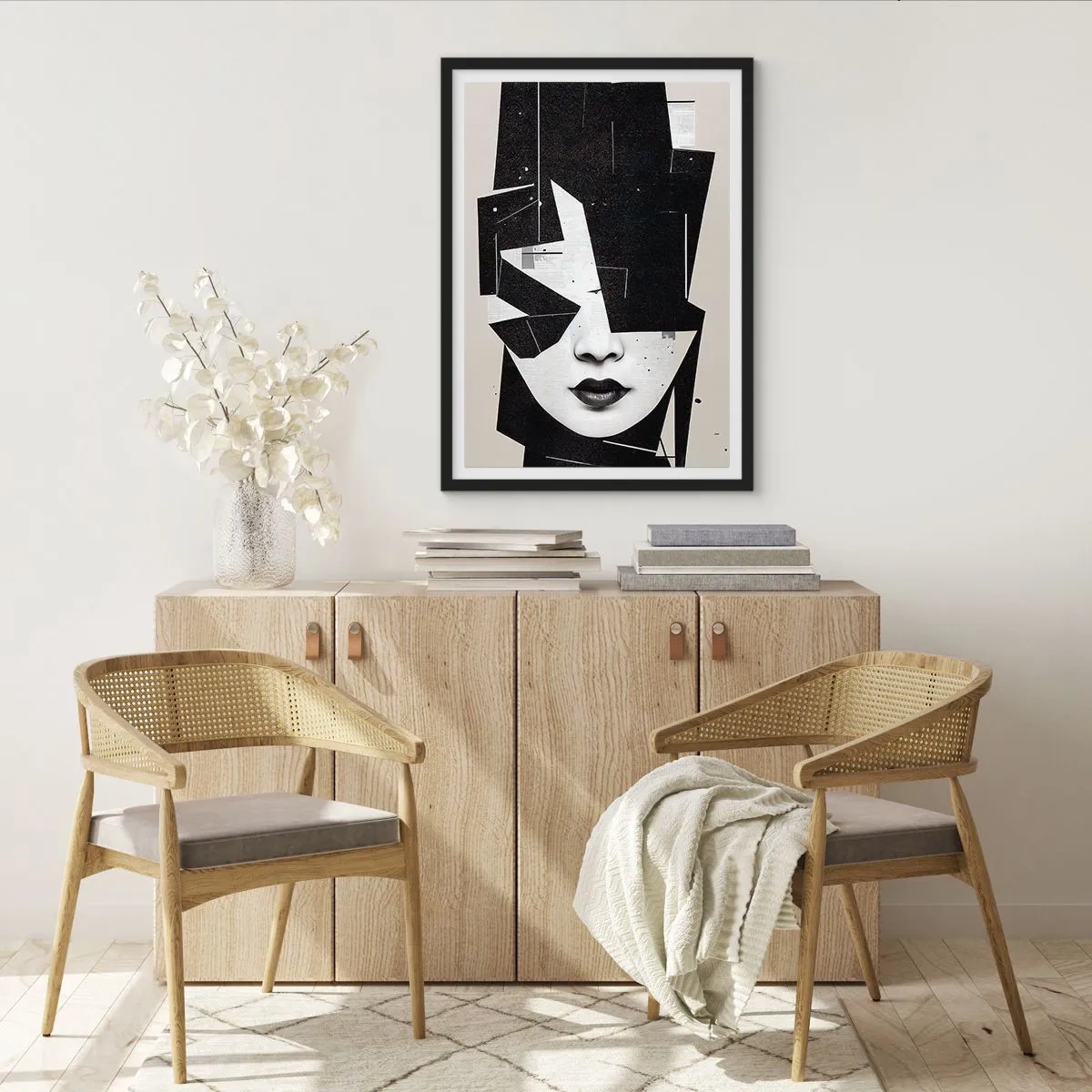 Poster in cornice nera - Ritratto astratto di una donna in bianco e nero - 50x70cm - Profondamente celata - Decorazione murale moderna per soggiorno e camera da letto ARTTOR