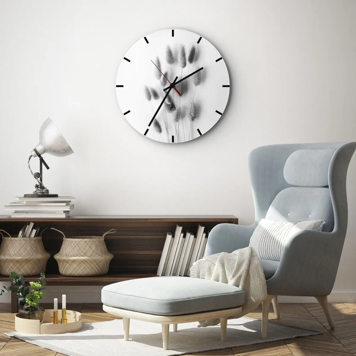 Orologio da parete - Orologio in Vetro - Composizione in bianco e nero con erbe su sfondo chiaro - 30x30cm - Erba soffice - Decorazione murale moderna per soggiorno, cucina e camera da letto ARTTOR