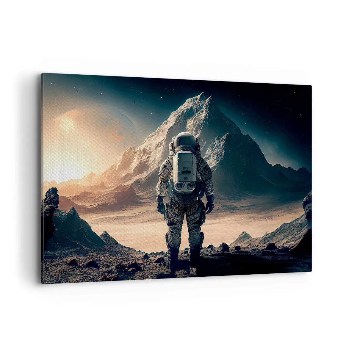 Quadro su tela - Stampe su Tela - Astronauta sullo sfondo di maestose montagne - 100x70cm - Nuova sfida - Decorazione murale moderna per soggiorno e camera da letto ARTTOR