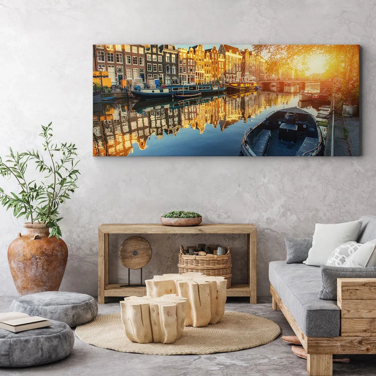 Quadro su tela - Stampe su Tela - Canale di Amsterdam al tramonto - 140x50cm - L'alba ad Amsterdam - Decorazione murale moderna per soggiorno e camera da letto ARTTOR