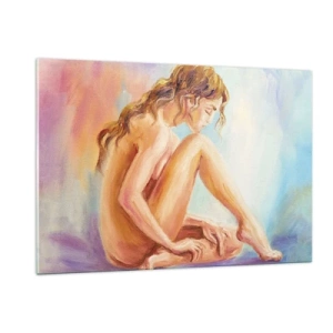 Quadro su vetro - Una donna in un sottile riflesso su uno sfondo di colori pastello - 120x80cm - Nudo di giovane - Decorazione murale moderna per soggiorno e camera da letto ARTTOR