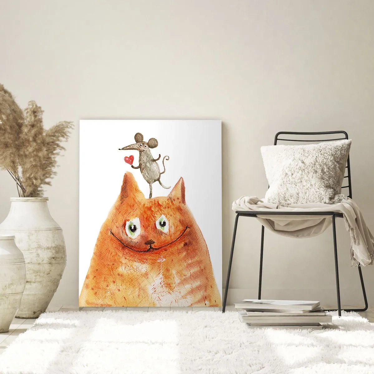Quadro su vetro - Un gatto con un topo sulla testa in stile umoristico - 50x70cm - I paradossi dell'amore - Decorazione murale moderna per soggiorno e camera da letto ARTTOR