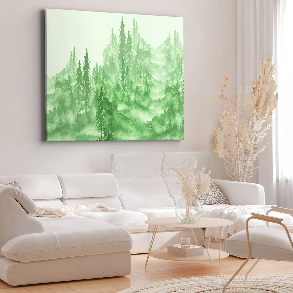 Quadro su tela - Stampe su Tela - Foresta verde in stile acquerello su sfondo chiaro - 120x80cm - Sfocato da una nebbia verde - Decorazione murale moderna per soggiorno e camera da letto ARTTOR
