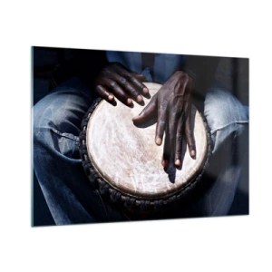 Quadro su vetro - Primo piano delle mani che suonano un tamburo djembe - 100x70cm - Vivi al tuo ritmo - Decorazione murale moderna per soggiorno e camera da letto ARTTOR