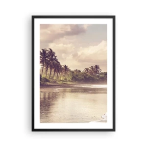 Poster in cornice nera - Spiaggia tropicale al tramonto con palme - 50x70cm - La carezza delle onde - Decorazione murale moderna per soggiorno e camera da letto ARTTOR