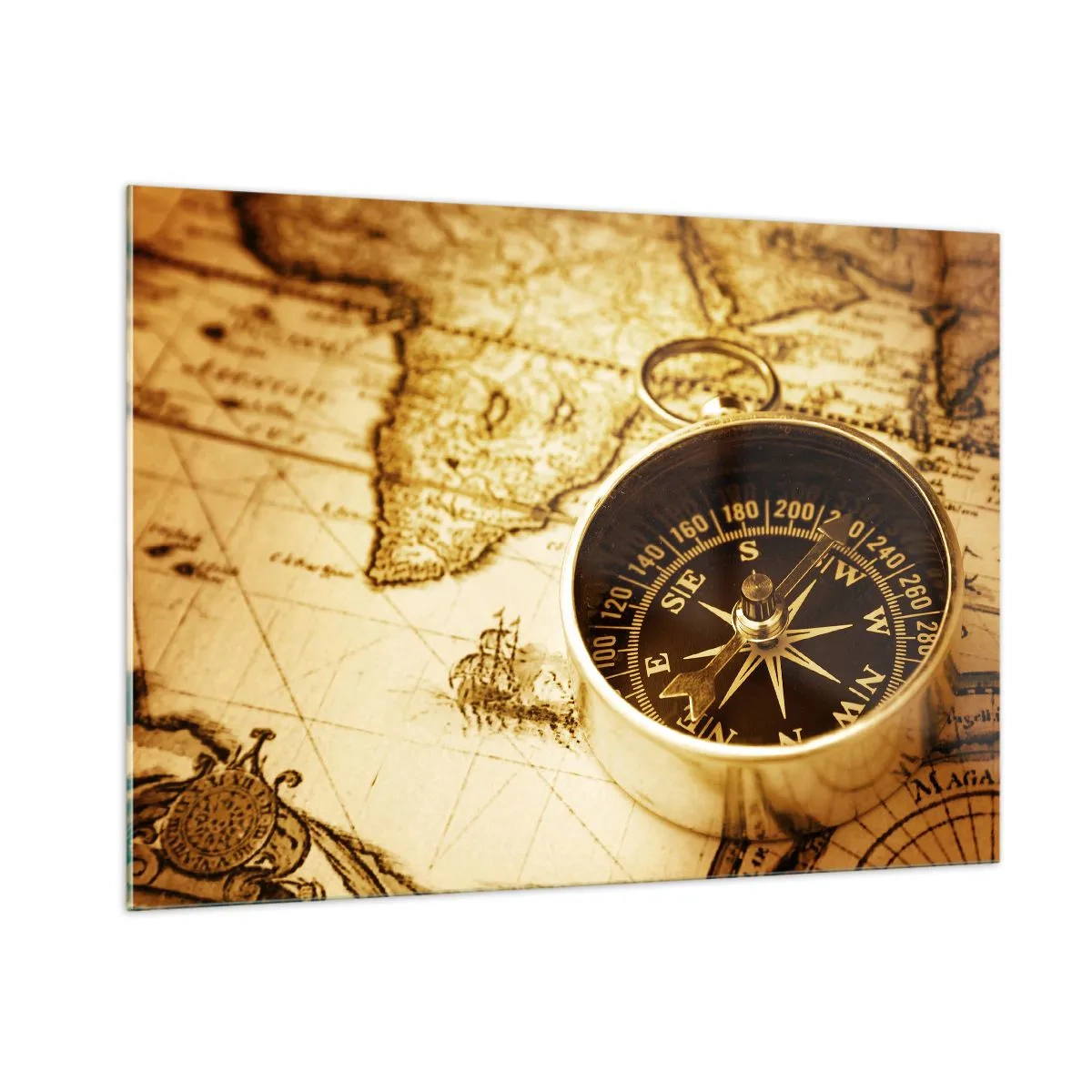 Quadro su vetro - Una bussola d'oro su uno sfondo di una vecchia mappa - 100x70cm - A est o a ovest? - Decorazione murale moderna per soggiorno e camera da letto ARTTOR