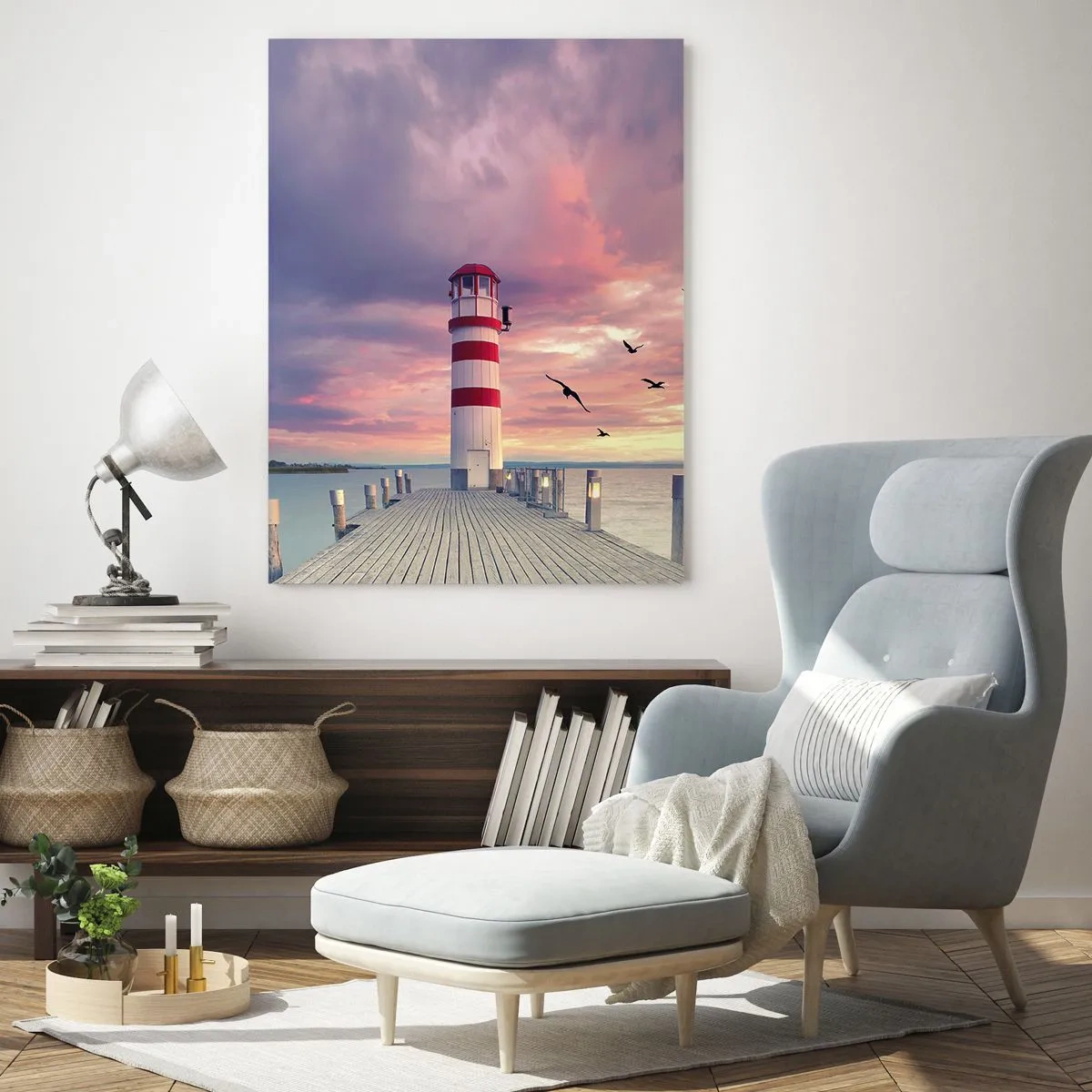 Quadro su vetro - Un faro sul molo circondato da un pittoresco tramonto - 80x120cm - Tempo di tornare in porto - Decorazione murale moderna per soggiorno e camera da letto ARTTOR