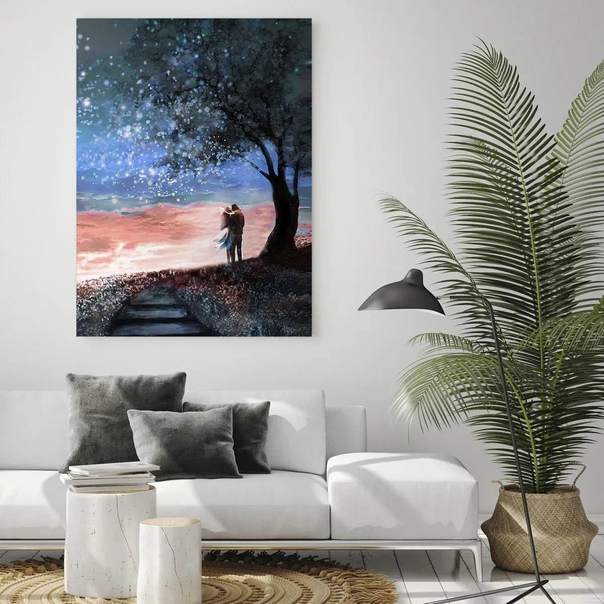 Quadro su vetro - Una coppia innamorata sotto un albero con la luna e le stelle - 50x70cm - Lo spettacolo delle stelle - Decorazione murale moderna per soggiorno e camera da letto ARTTOR