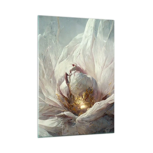 Quadro su vetro - Un fiore che sboccia in delicati toni grigi e oro - 50x70cm - Fiorisce ogni cento anni - Decorazione murale moderna per soggiorno e camera da letto ARTTOR