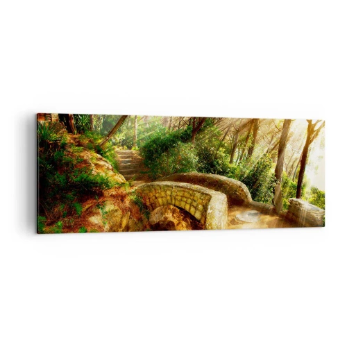 Quadro su tela - Stampe su Tela - Paesaggio forestale con raggi di sole e un ponte di pietra - 140x50cm - Dal ponte direttamente nel bosco delle fiabe - Decorazione murale moderna per soggiorno e camera da letto ARTTOR