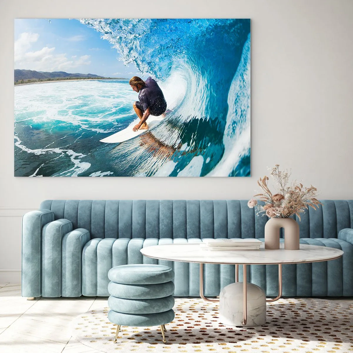 Quadro su vetro - Surfista in un tunnel d'acqua con l'oceano sullo sfondo - 120x80cm - Ballando con le onde - Decorazione murale moderna per soggiorno e camera da letto ARTTOR