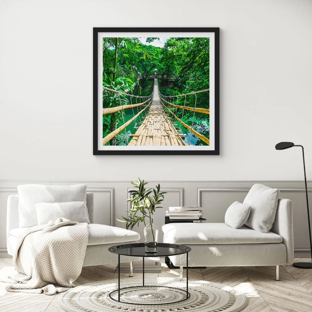 Poster in cornice nera - Ponte sospeso sopra il verde - 50x50 cm