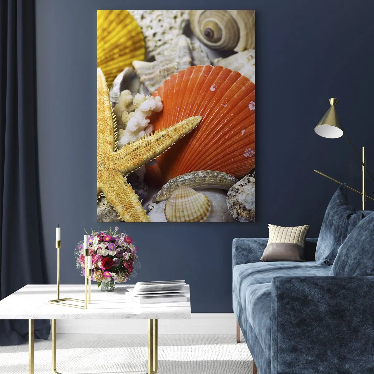 Quadro su vetro - Conchiglie e stelle marine in una composizione marina - 80x120cm - Tesori dell'oceano - Decorazione murale moderna per soggiorno e camera da letto ARTTOR