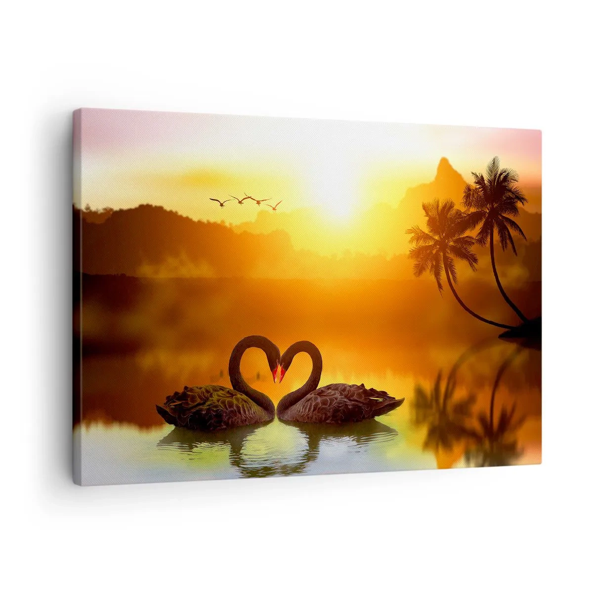 Quadro su tela - Stampe su Tela - Due cigni neri formano un cuore sullo sfondo di un tramonto sul lago - 70x50cm - Tutto in coppia - Decorazione murale moderna per soggiorno e camera da letto ARTTOR
