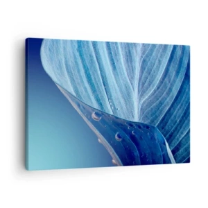 Quadro su tela - Stampe su Tela - Una foglia blu con gocce d'acqua visibili - 70x50cm - Gocce di blu nascoste - Decorazione murale moderna per soggiorno e camera da letto ARTTOR