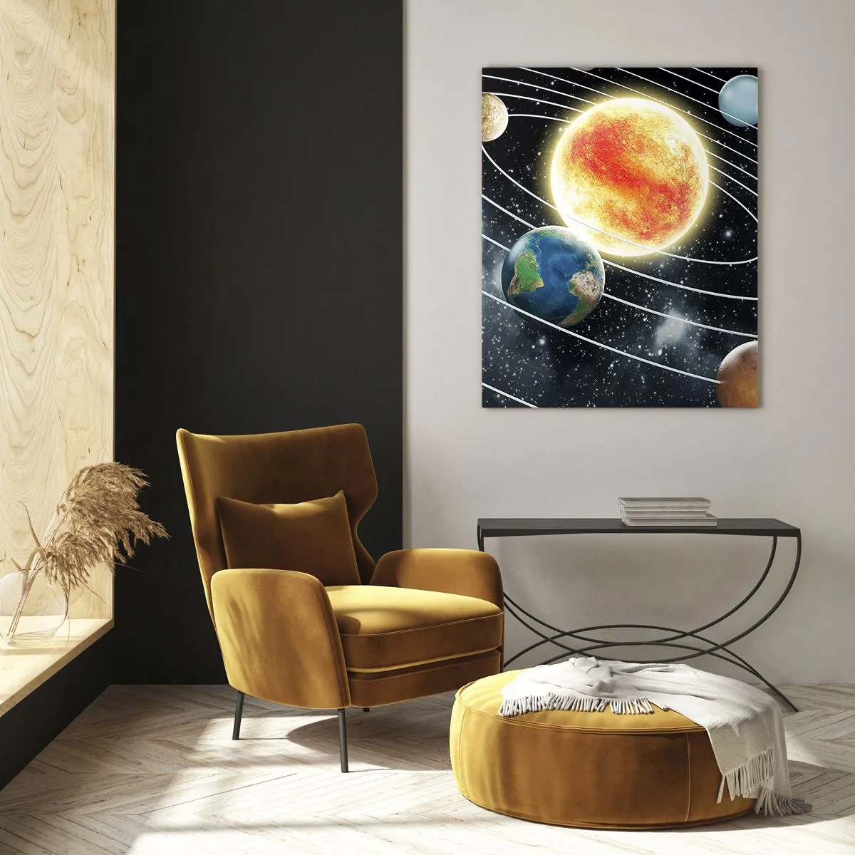 Quadro su vetro - Sistema solare con pianeti e sole nello spazio - 70x100cm - Danza cosmica - Decorazione murale moderna per soggiorno e camera da letto ARTTOR