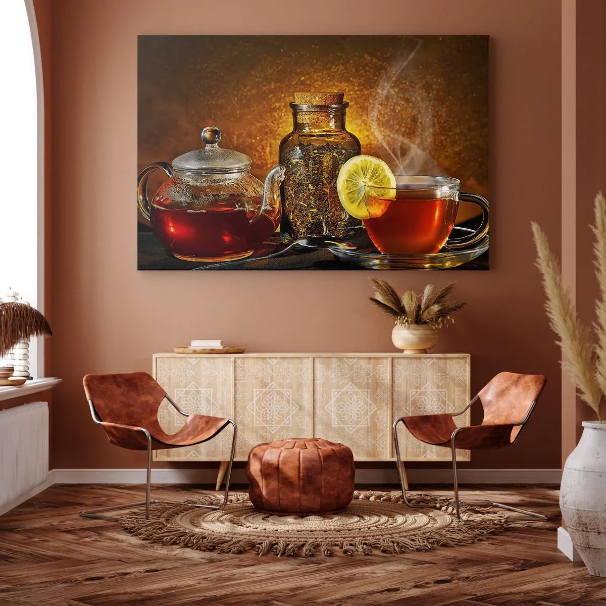 Quadro su tela - Stampe su Tela - Tè in una brocca di vetro con limone e tè sfuso - 70x50cm - Nello stile dei maestri olandesi - Decorazione murale moderna per soggiorno e camera da letto ARTTOR