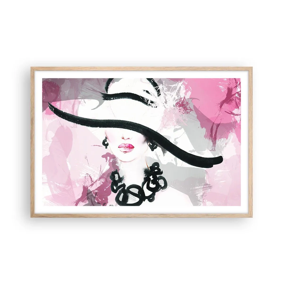 Poster in cornice rovere chiaro - Ritratto di donna in nero e rosa - 91x61 cm